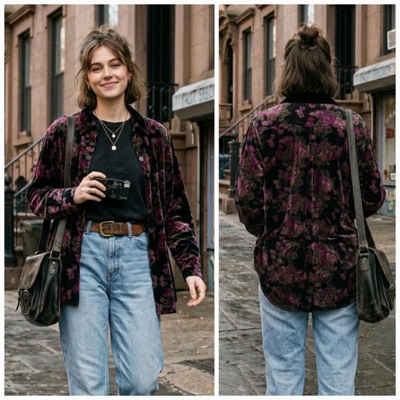 Windridge Tops - Windridge L Vintage 90s Whimsigoth Dark Romantic Floral Velvet Boyfriend Shirt